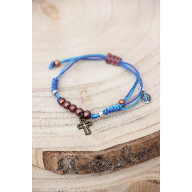 Pulsera cruz de hilo azul 42