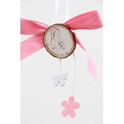 Medallón de la Virgen para cuna Lazo rosa con cuelgue. Guárdame en ti. BEP-Flor2 · NENU104